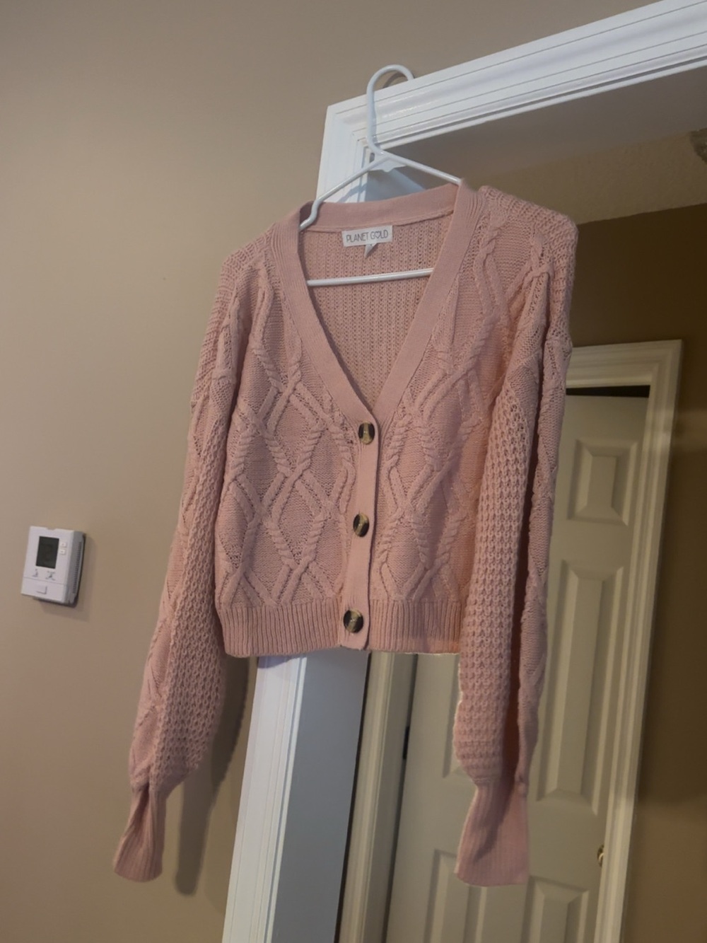 Planet Gold Blush Pink Cable Knit Cropped Cardigan